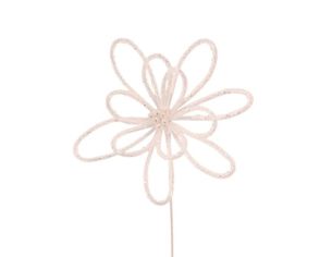 Tige fleur ronde blanche pailletée Ø30cm H30cm, pétales ajourés en fil pailleté blanc, tige blanche