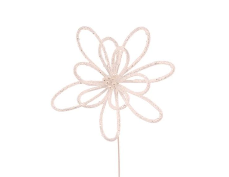 Tige fleur ronde blanche pailletée Ø30cm H30cm, pétales ajourés en fil pailleté blanc, tige blanche