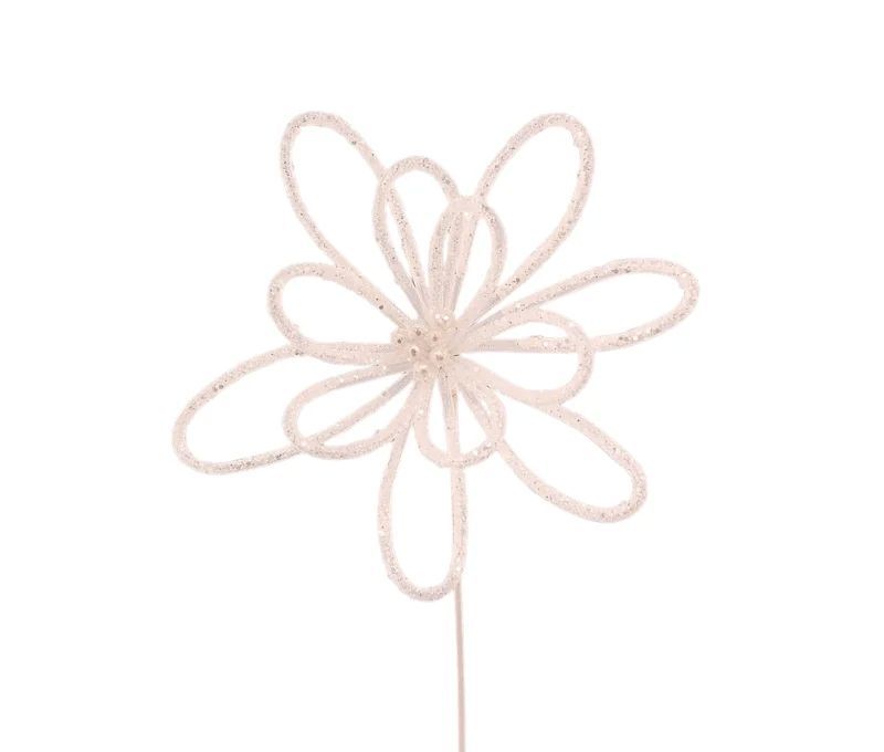 Tige fleur ronde blanche pailletée Ø30cm H30cm, pétales ajourés en fil pailleté blanc, tige blanche