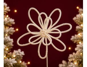 Tige fleur ronde blanche pailletée Ø30cm H30cm, pétales ajourés en fil pailleté blanc, tige blanche