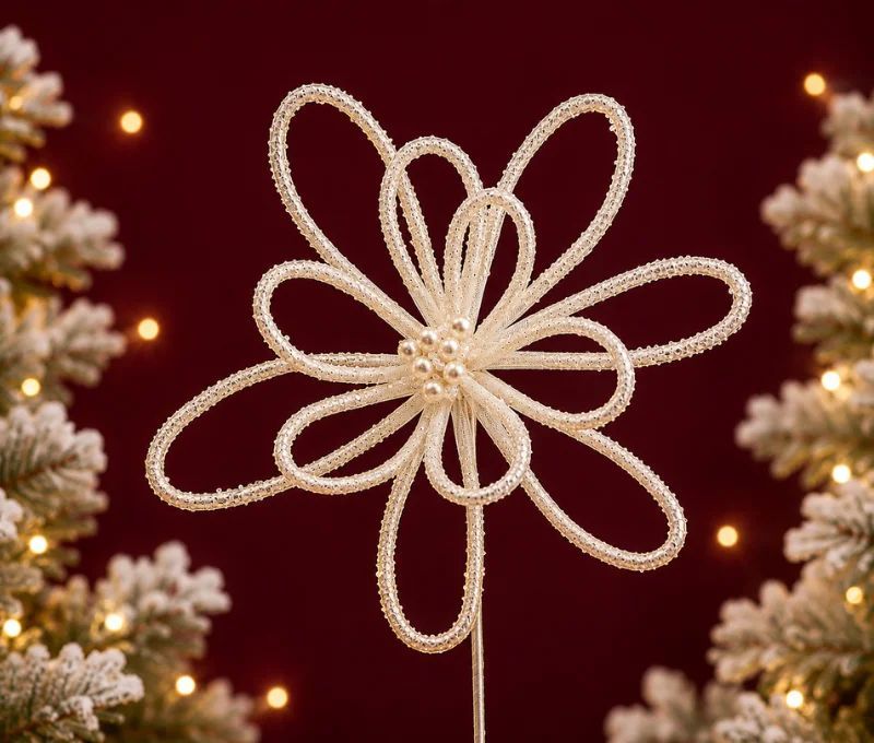 Tige fleur ronde blanche pailletée Ø30cm H30cm, pétales ajourés en fil pailleté blanc, tige blanche