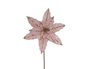 Tige poinsettia rose poudré Ø30cm H50cm, pétales velours rose, bords et nervures dorés pailletés