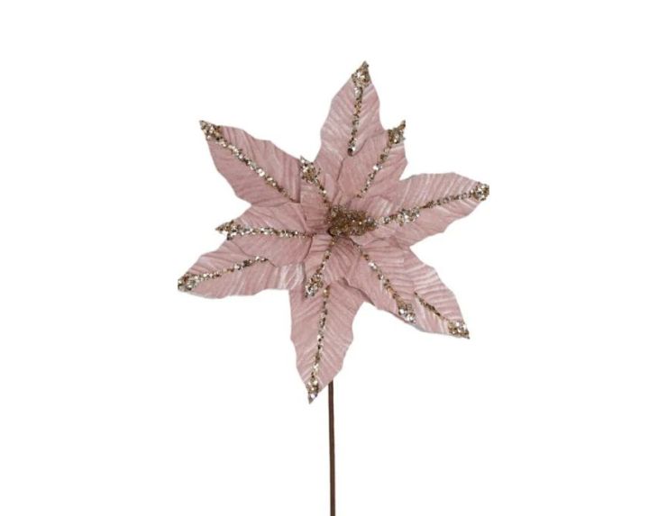 Tige poinsettia rose poudré Ø30cm H50cm, pétales velours rose, bords et nervures dorés pailletés