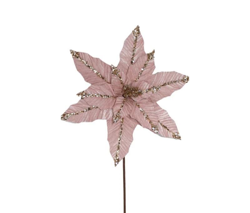Tige poinsettia rose poudré Ø30cm H50cm, pétales velours rose, bords et nervures dorés pailletés