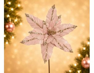 Tige poinsettia rose poudré Ø30cm H50cm, pétales velours rose, bords et nervures dorés pailletés