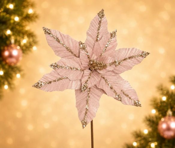 Tige poinsettia rose poudré Ø30cm H50cm, pétales velours rose, bords et nervures dorés pailletés