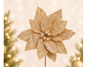 Tige poinsettia champagne pailleté Ø30cm H50cm, pétales velours champagne couverts de paillettes, centre perles