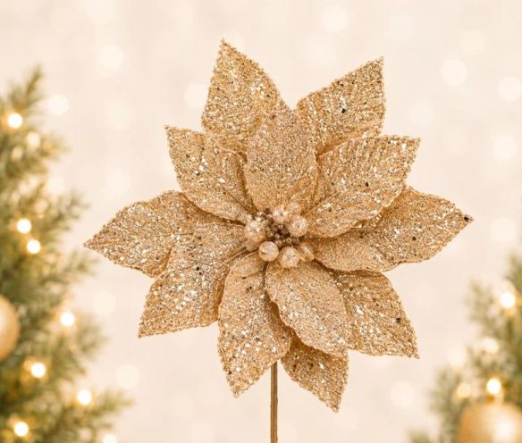 Tige poinsettia champagne pailleté Ø30cm H50cm, pétales velours champagne couverts de paillettes, centre perles