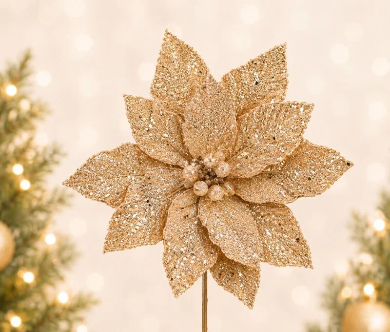 Tige poinsettia champagne pailleté Ø30cm H50cm, pétales velours champagne couverts de paillettes, centre perles