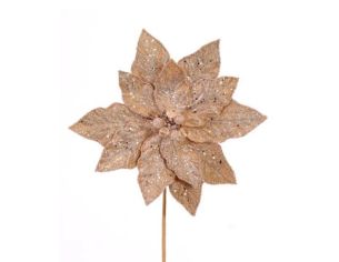Tige poinsettia champagne pailleté Ø30cm H50cm, pétales velours champagne couverts de paillettes, centre perles