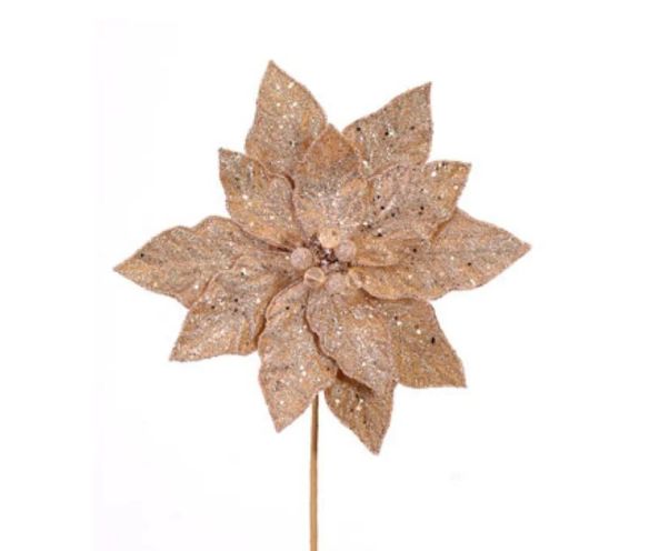 Tige poinsettia champagne pailleté Ø30cm H50cm, pétales velours champagne couverts de paillettes, centre perles