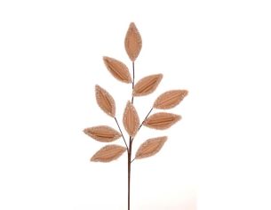Branche feuillage champagne H69cm, feuilles velours champagne bords pailletés, tige marron