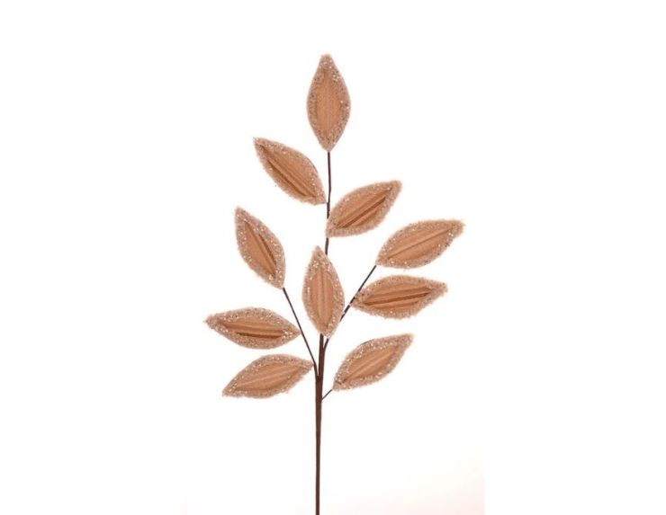 Branche feuillage champagne H69cm, feuilles velours champagne bords pailletés, tige marron