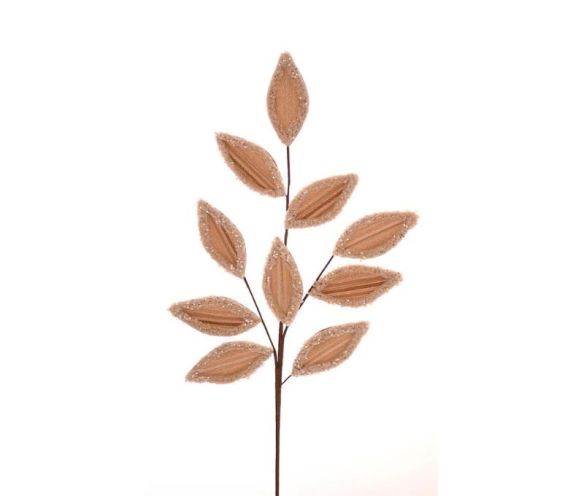 Branche feuillage champagne H69cm, feuilles velours champagne bords pailletés, tige marron