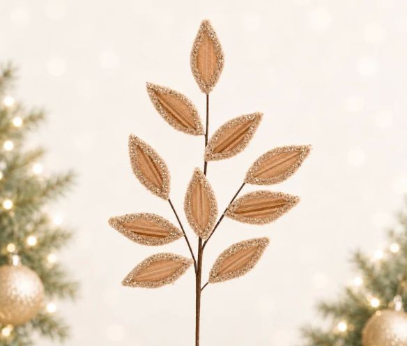 Branche feuillage champagne H69cm, feuilles velours champagne bords pailletés, tige marron