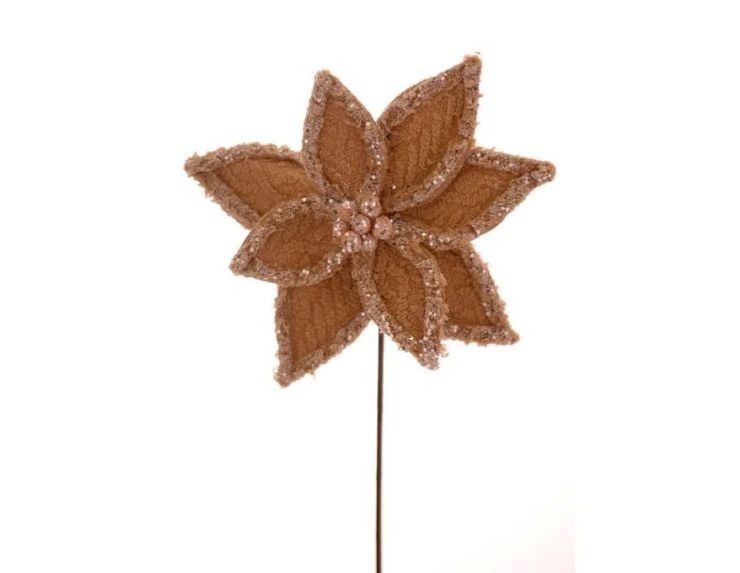 Tige poinsettia velours champagne Ø27cm H45cm, bords et nervures sequins champagne, centre perles
