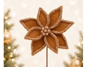 Tige poinsettia velours champagne Ø27cm H45cm, bords et nervures sequins champagne, centre perles