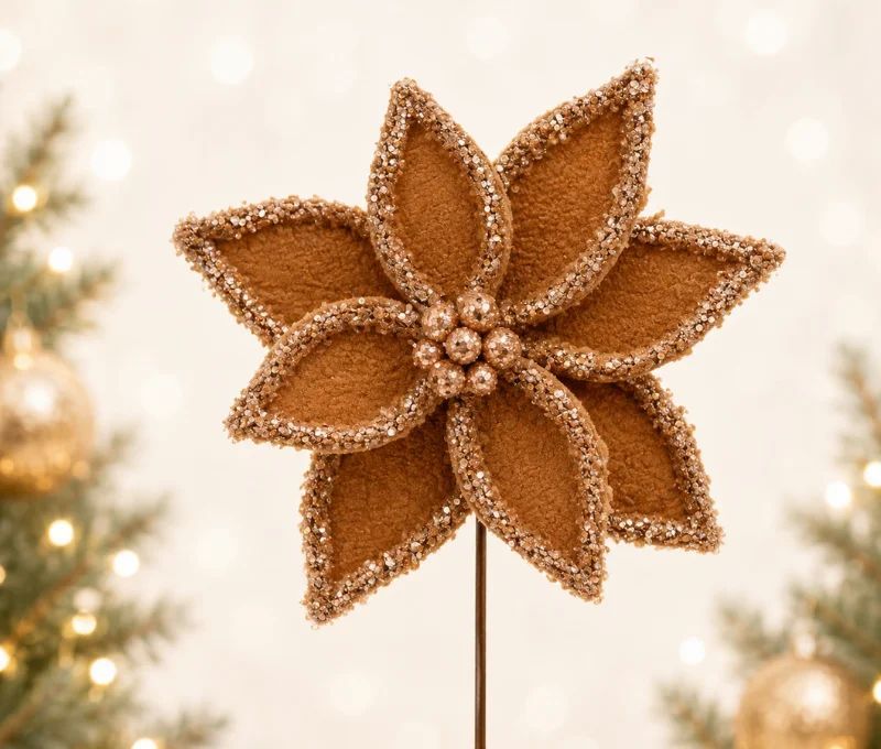 Tige poinsettia velours champagne Ø27cm H45cm, bords et nervures sequins champagne, centre perles