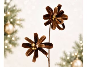 Pick décoratif deux fleurs velours marron pailletées et clochettes dorées pour sapin de Noël H70cm