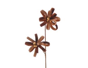 Pick décoratif deux fleurs velours marron pailletées et clochettes dorées pour sapin de Noël H70cm