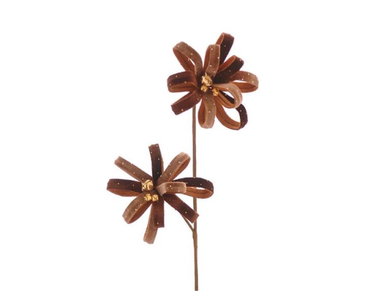 Pick décoratif deux fleurs velours marron pailletées et clochettes dorées pour sapin de Noël H70cm