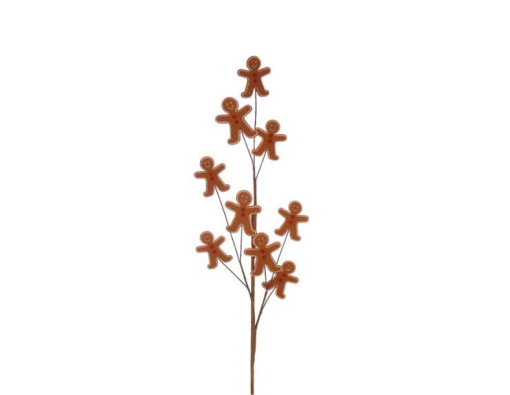 Branche décorative Noël H75cm avec bonhommes pain d’épices en résine sur tiges métalliques