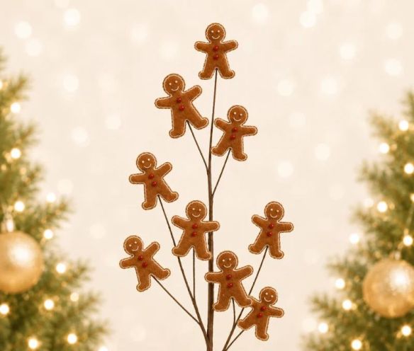 Branche décorative Noël H75cm avec bonhommes pain d’épices en résine sur tiges métalliques