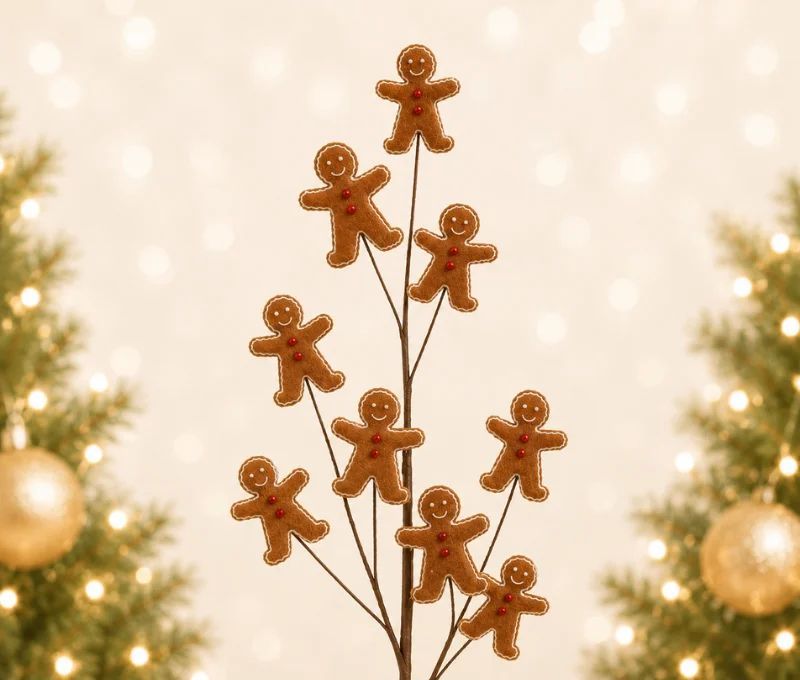 Branche décorative Noël H75cm avec bonhommes pain d’épices en résine sur tiges métalliques