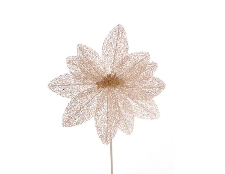 Fleur décorative ivoire en maille sequins scintillante sur tige pour sapin de Noël H45cm