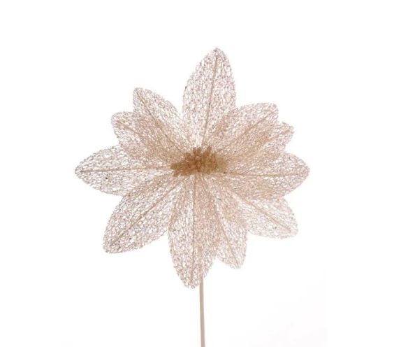 Fleur décorative ivoire en maille sequins scintillante sur tige pour sapin de Noël H45cm