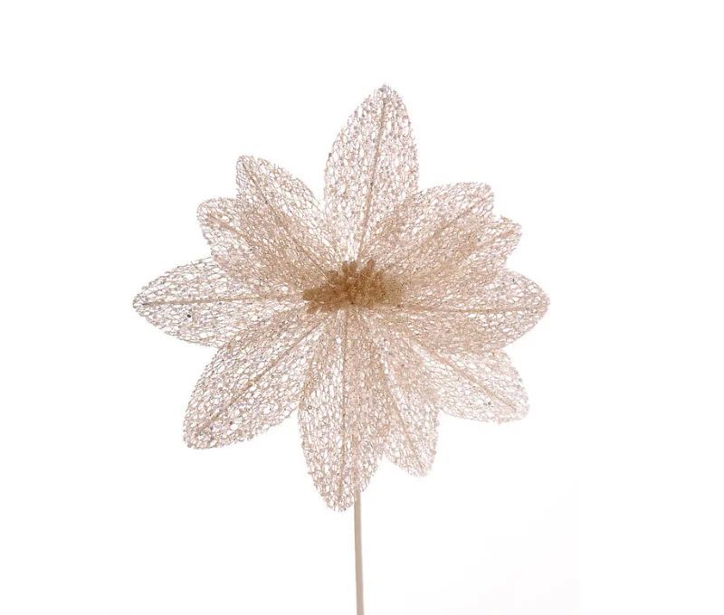 Fleur décorative ivoire en maille sequins scintillante sur tige pour sapin de Noël H45cm