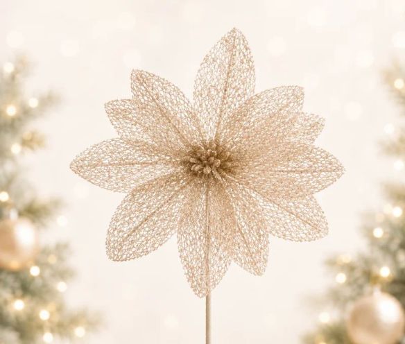 Fleur décorative ivoire en maille sequins scintillante sur tige pour sapin de Noël H45cm