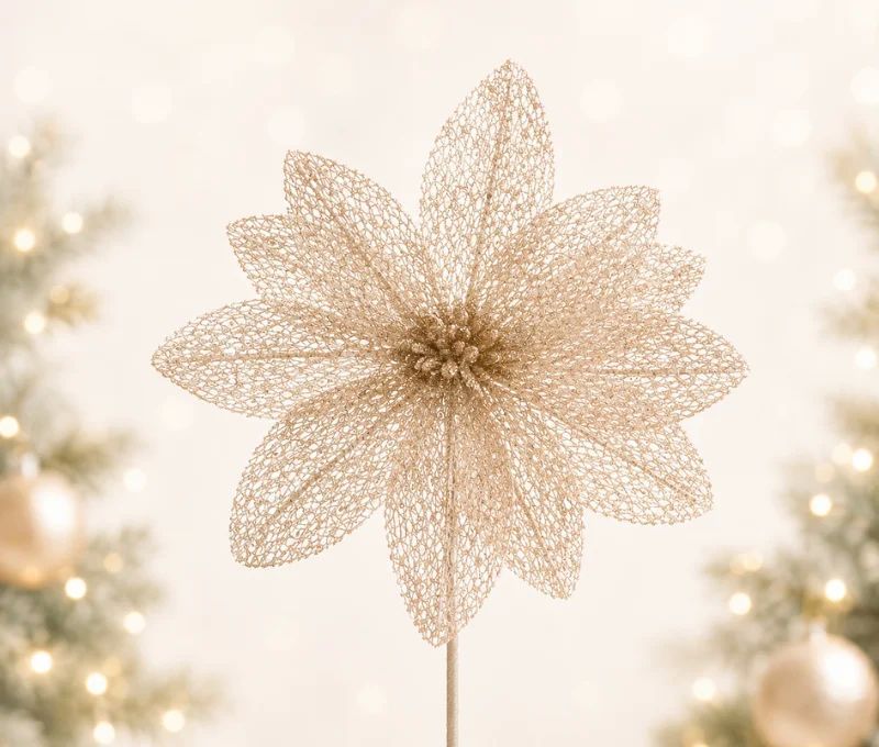 Fleur décorative ivoire en maille sequins scintillante sur tige pour sapin de Noël H45cm