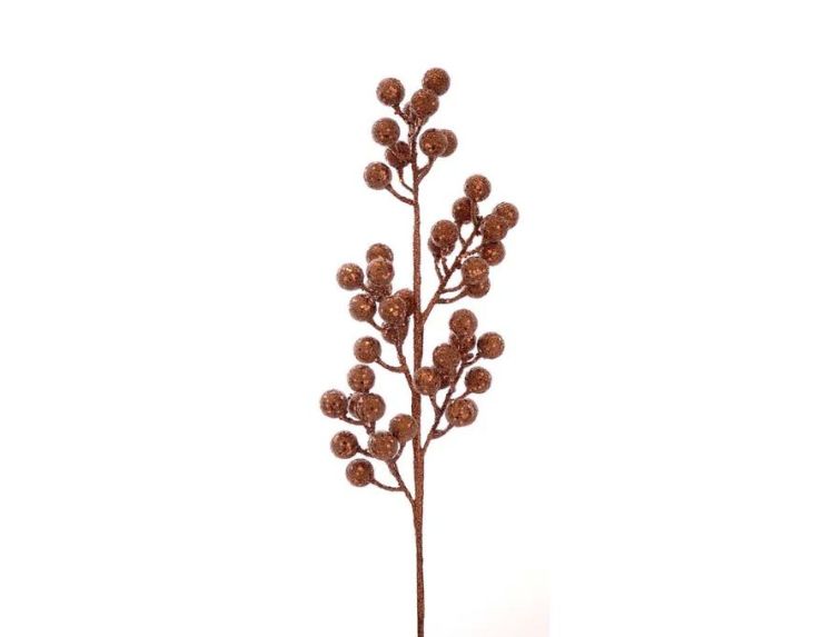 Branche décorative Noël H73cm avec grappes de baies pailletées brun caramel sur tiges ramifiées