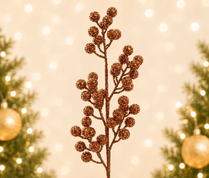 Branche décorative Noël H73cm avec grappes de baies pailletées brun caramel sur tiges ramifiées