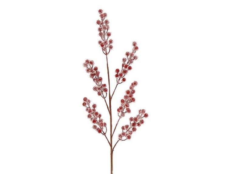 Branche décorative Noël H81cm avec grappes de baies rouges enneigées sur tiges ramifiées