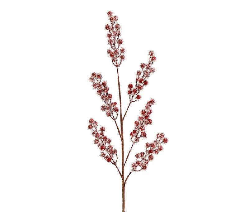 Branche décorative Noël H81cm avec grappes de baies rouges enneigées sur tiges ramifiées
