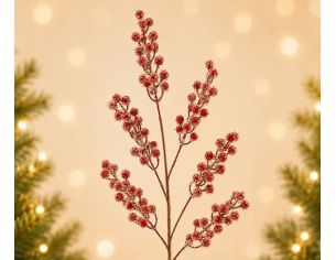 Branche décorative Noël H81cm avec grappes de baies rouges enneigées sur tiges ramifiées