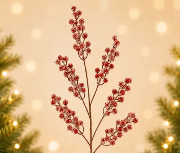 Branche décorative Noël H81cm avec grappes de baies rouges enneigées sur tiges ramifiées