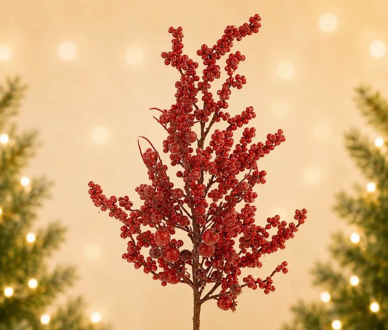 Branche décorative Noël H72cm très fournie avec centaines de baies rouges en résine sur tiges ramifiées