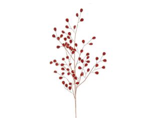 Branche décorative Noël H76cm avec perles gouttes rouge facetté bordées or sur tiges pailletées ramifiées