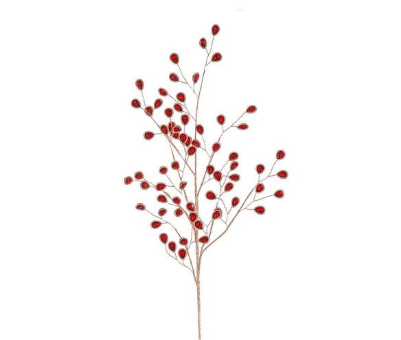 Branche décorative Noël H76cm avec perles gouttes rouge facetté bordées or sur tiges pailletées ramifiées