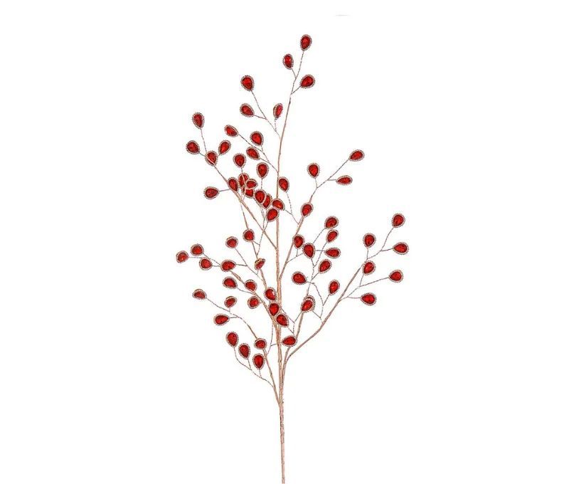 Branche décorative Noël H76cm avec perles gouttes rouge facetté bordées or sur tiges pailletées ramifiées