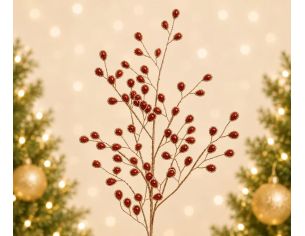 Branche décorative Noël H76cm avec perles gouttes rouge facetté bordées or sur tiges pailletées ramifiées