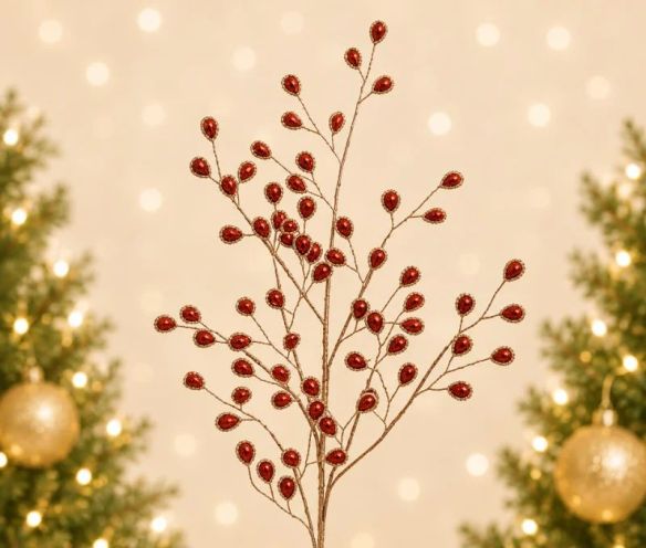 Branche décorative Noël H76cm avec perles gouttes rouge facetté bordées or sur tiges pailletées ramifiées
