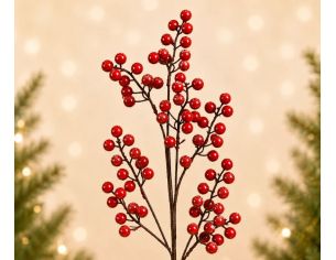 Branche décorative Noël H76cm avec baies rouges brillantes synthétiques sur tiges ramifiées