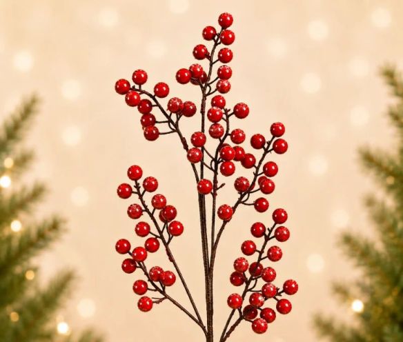 Branche décorative Noël H76cm avec baies rouges brillantes synthétiques sur tiges ramifiées