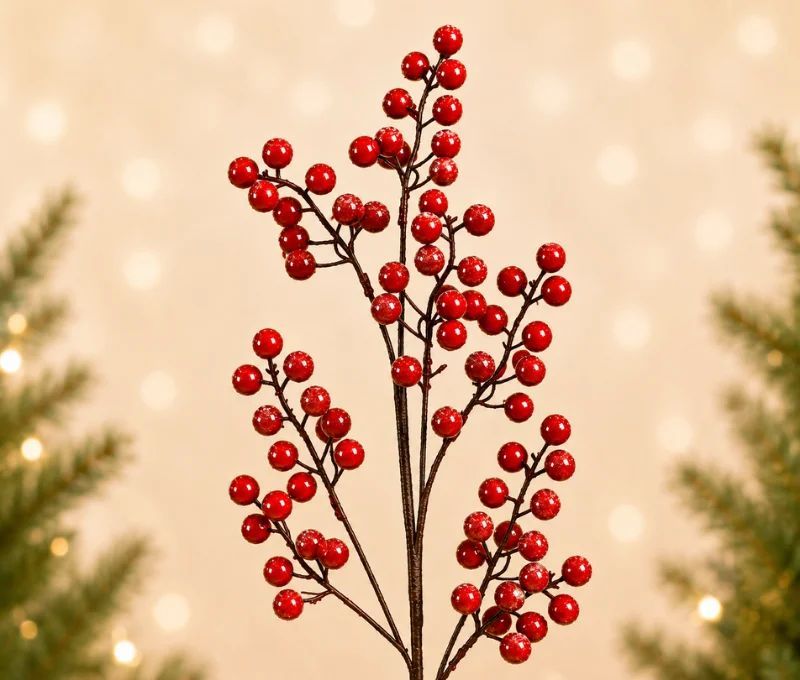 Branche décorative Noël H76cm avec baies rouges brillantes synthétiques sur tiges ramifiées