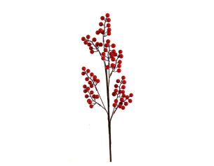 Branche décorative Noël H76cm avec baies rouges brillantes synthétiques sur tiges ramifiées