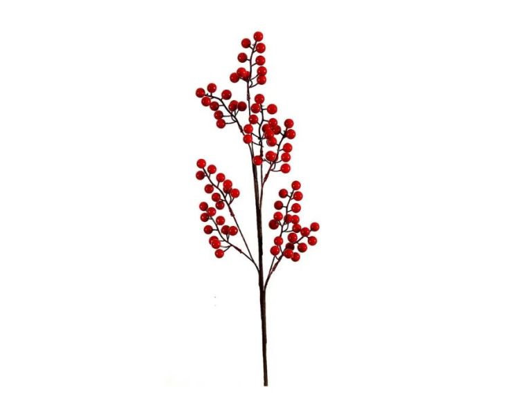 Branche décorative Noël H76cm avec baies rouges brillantes synthétiques sur tiges ramifiées
